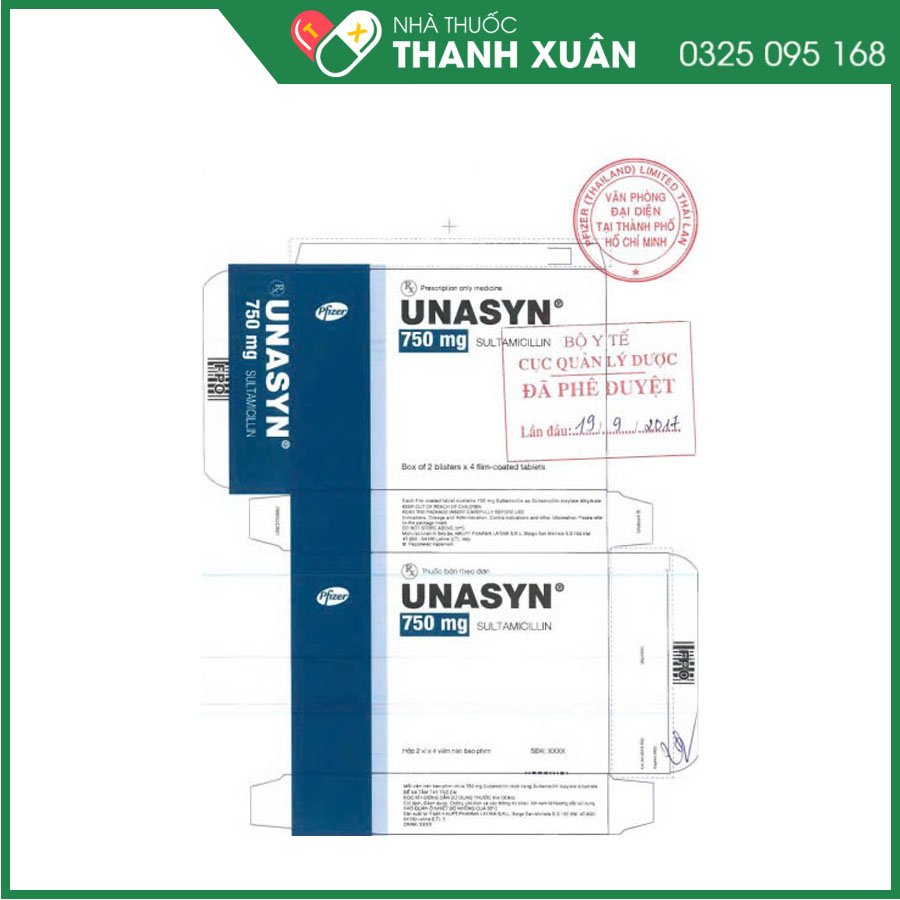 Thuốc Unasyn 750mg điều trị nhiễm khuẩn hô hấp, nhiễm khuẩn huyết, nhiễm khuẩn da-mô, nhiễm khuẩn xương-khớp và nhiễm lậu cầu